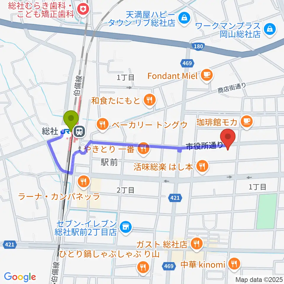 レコード屋 総社店の最寄駅総社駅からの徒歩ルート（約9分）地図
