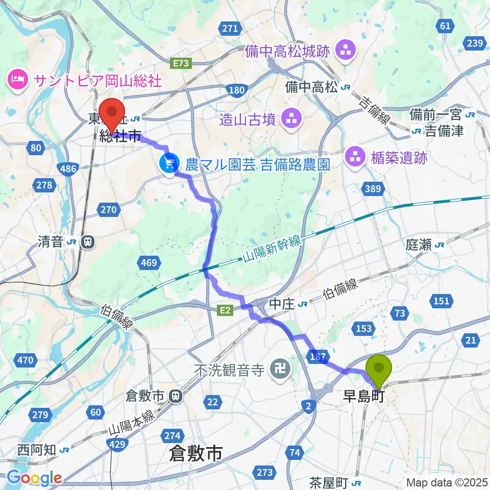 早島駅からレコード屋 総社店へのルートマップ地図
