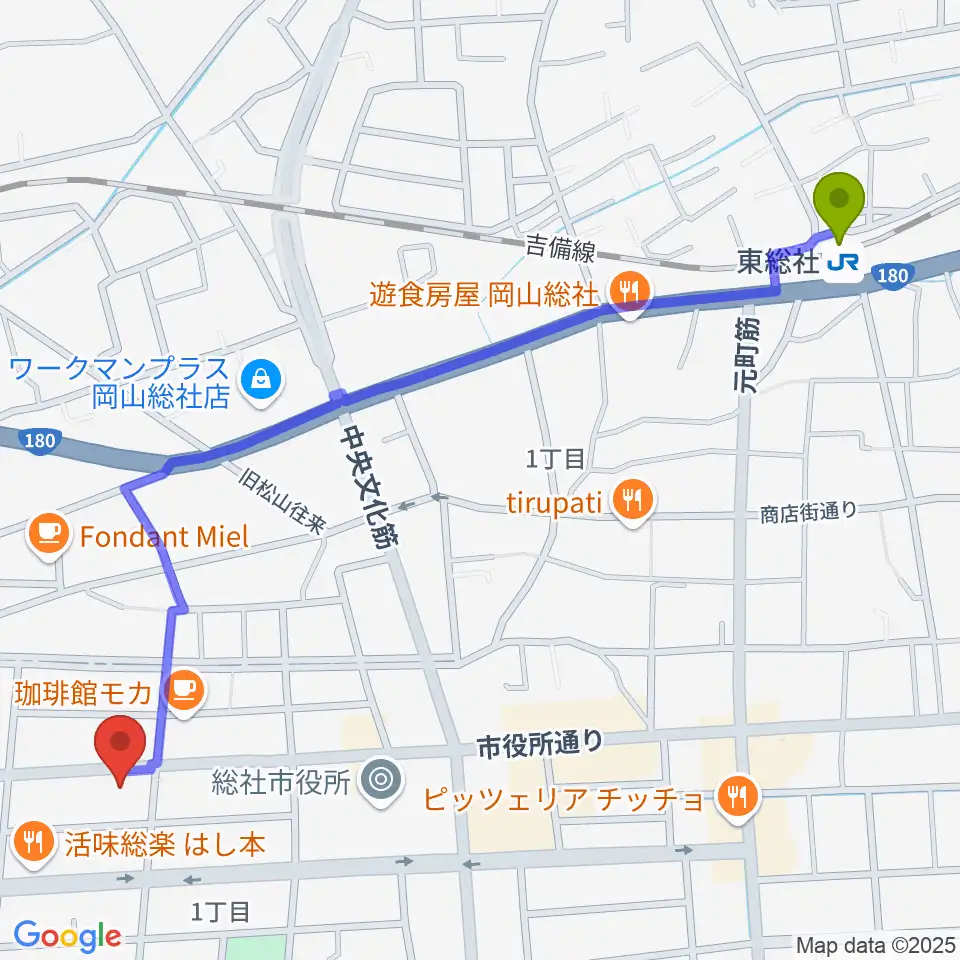 東総社駅からレコード屋 総社店へのルートマップ地図