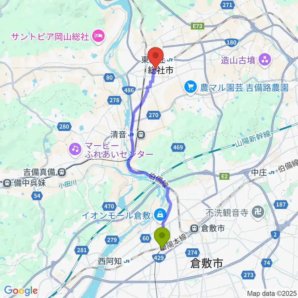 球場前駅からレコード屋 総社店へのルートマップ地図