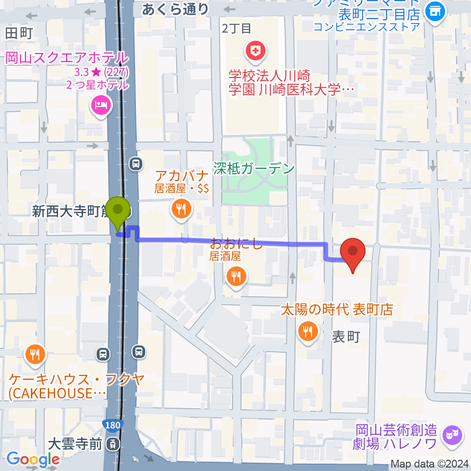 新西大寺町筋駅から岡山ブルーブルースへのルートマップ地図