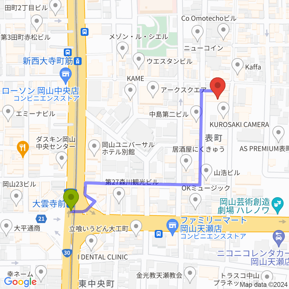大雲寺前駅から岡山ブルーブルースへのルートマップ地図