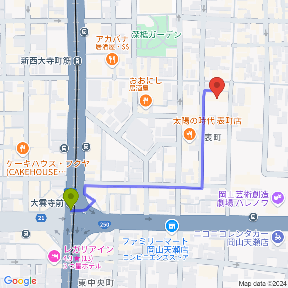 大雲寺前駅から岡山ブルーブルースへのルートマップ地図