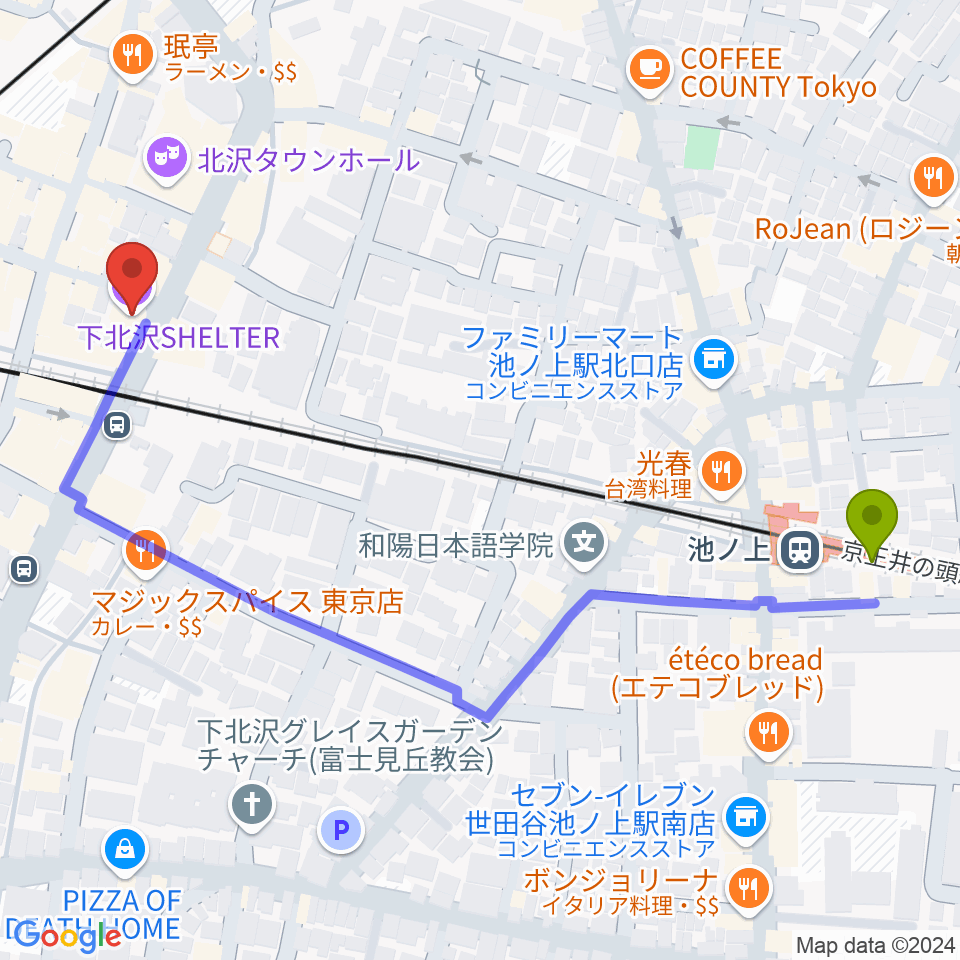 池ノ上駅から下北沢シェルターへのルートマップ地図