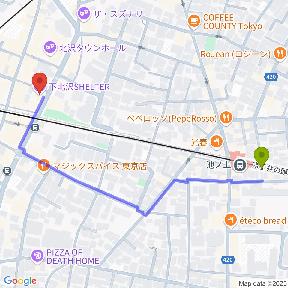 池ノ上駅から下北沢シェルターへのルートマップ地図