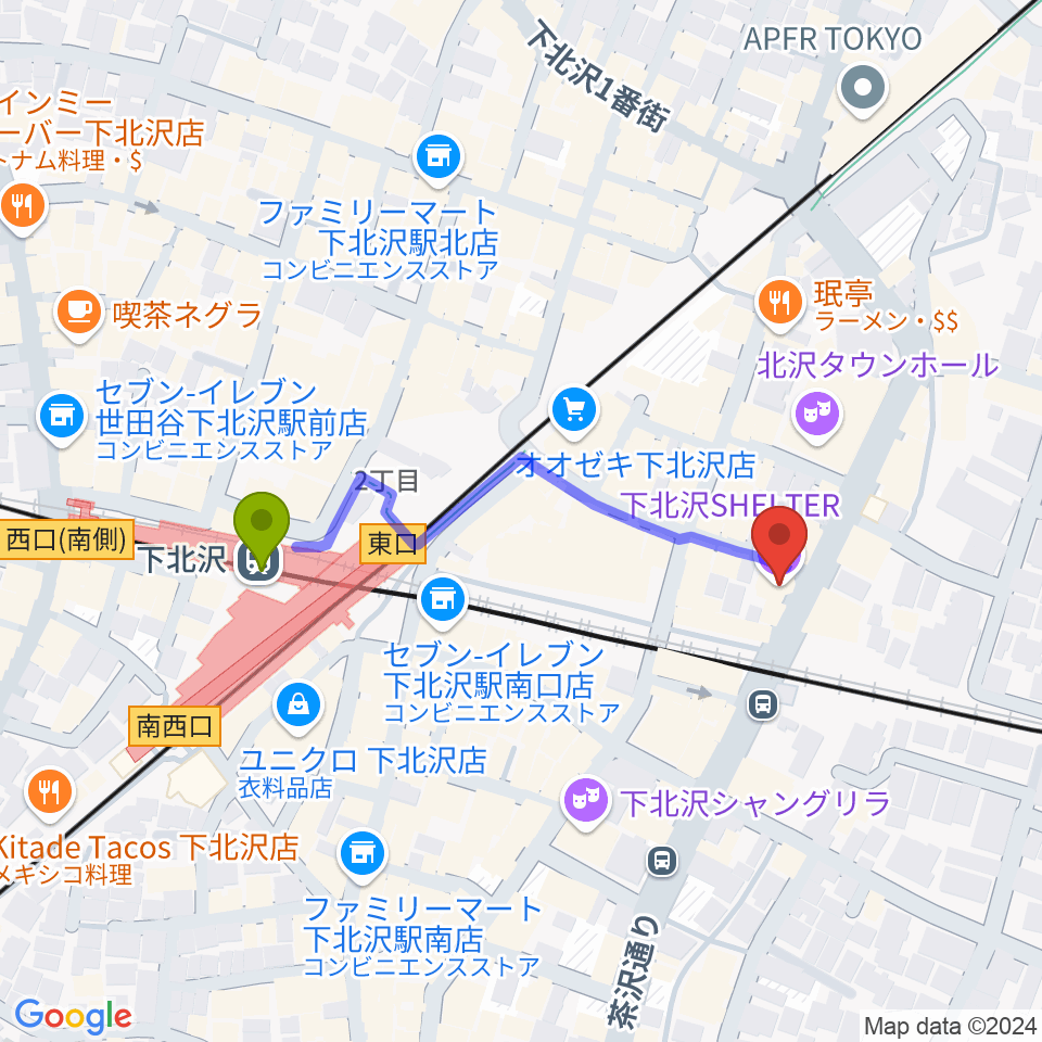 下北沢シェルターの最寄駅下北沢駅からの徒歩ルート（約4分）地図