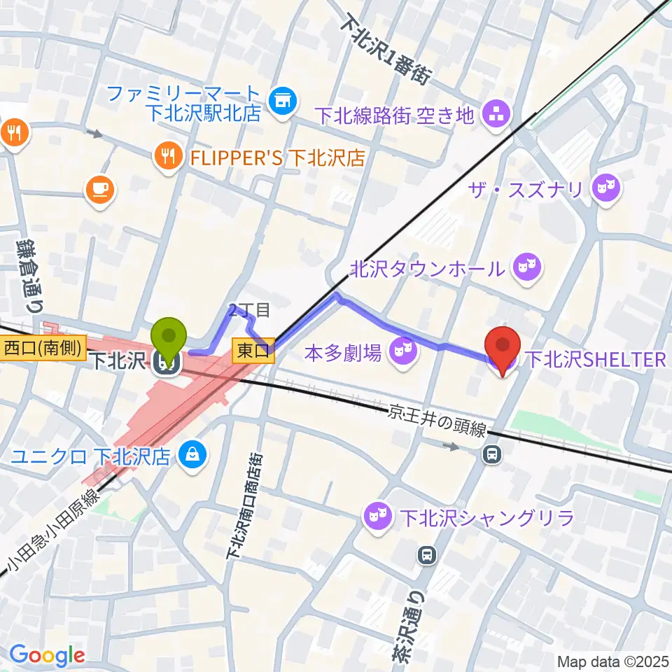 下北沢シェルターの最寄駅下北沢駅からの徒歩ルート（約4分）地図