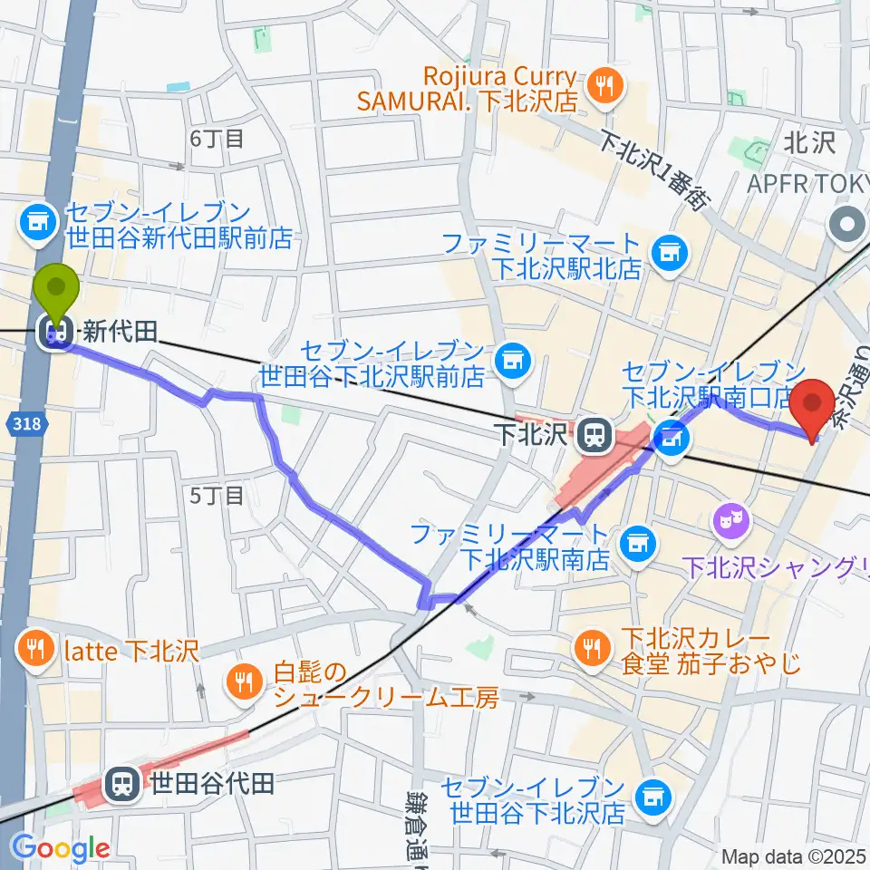 新代田駅から下北沢シェルターへのルートマップ地図