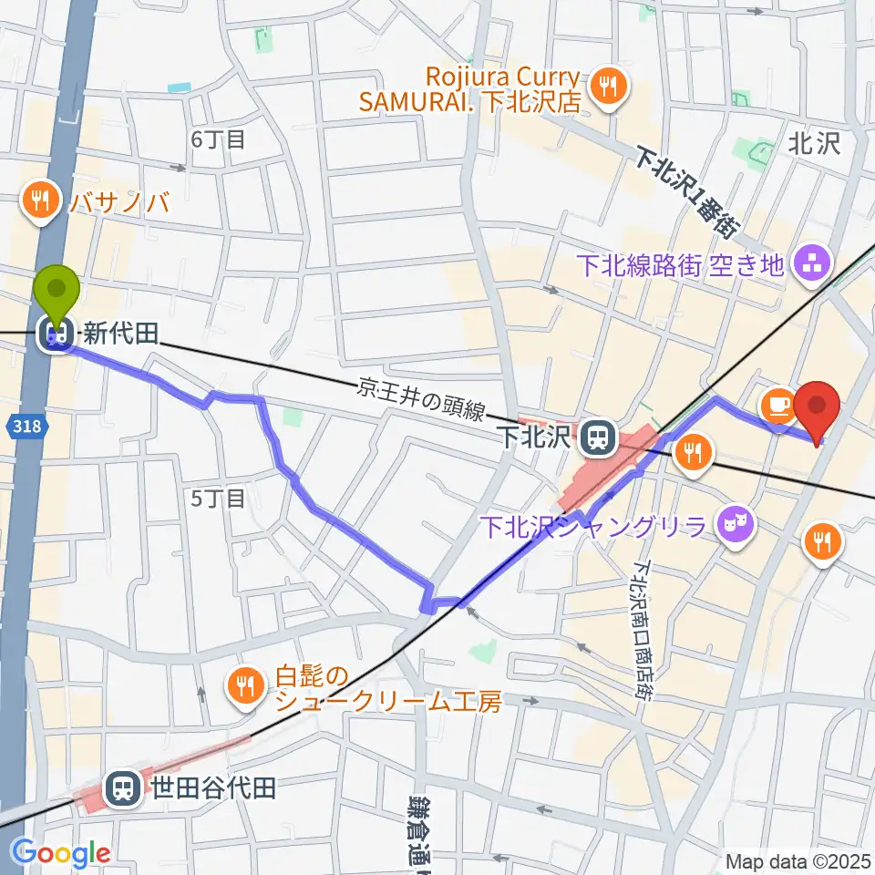 新代田駅から下北沢シェルターへのルートマップ地図