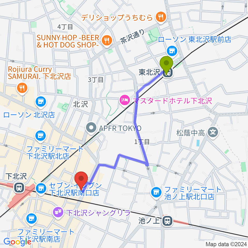 東北沢駅から下北沢シェルターへのルートマップ地図