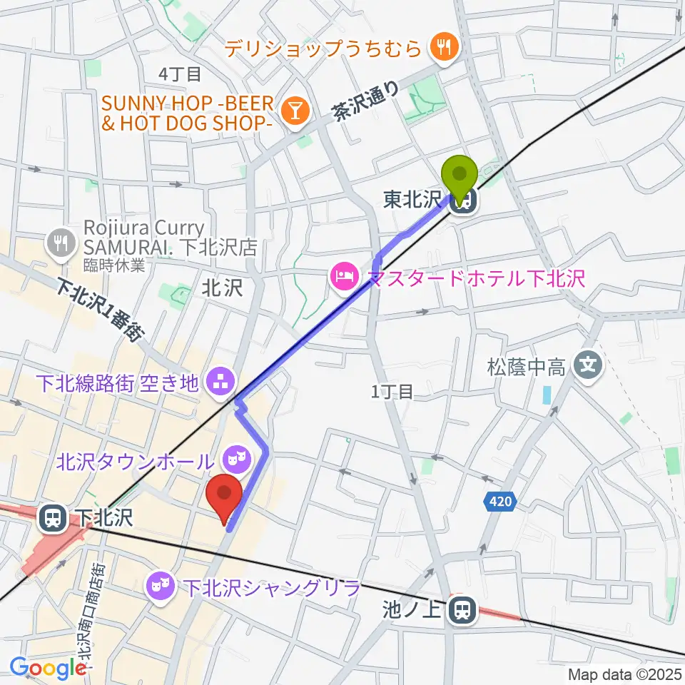 東北沢駅から下北沢シェルターへのルートマップ地図