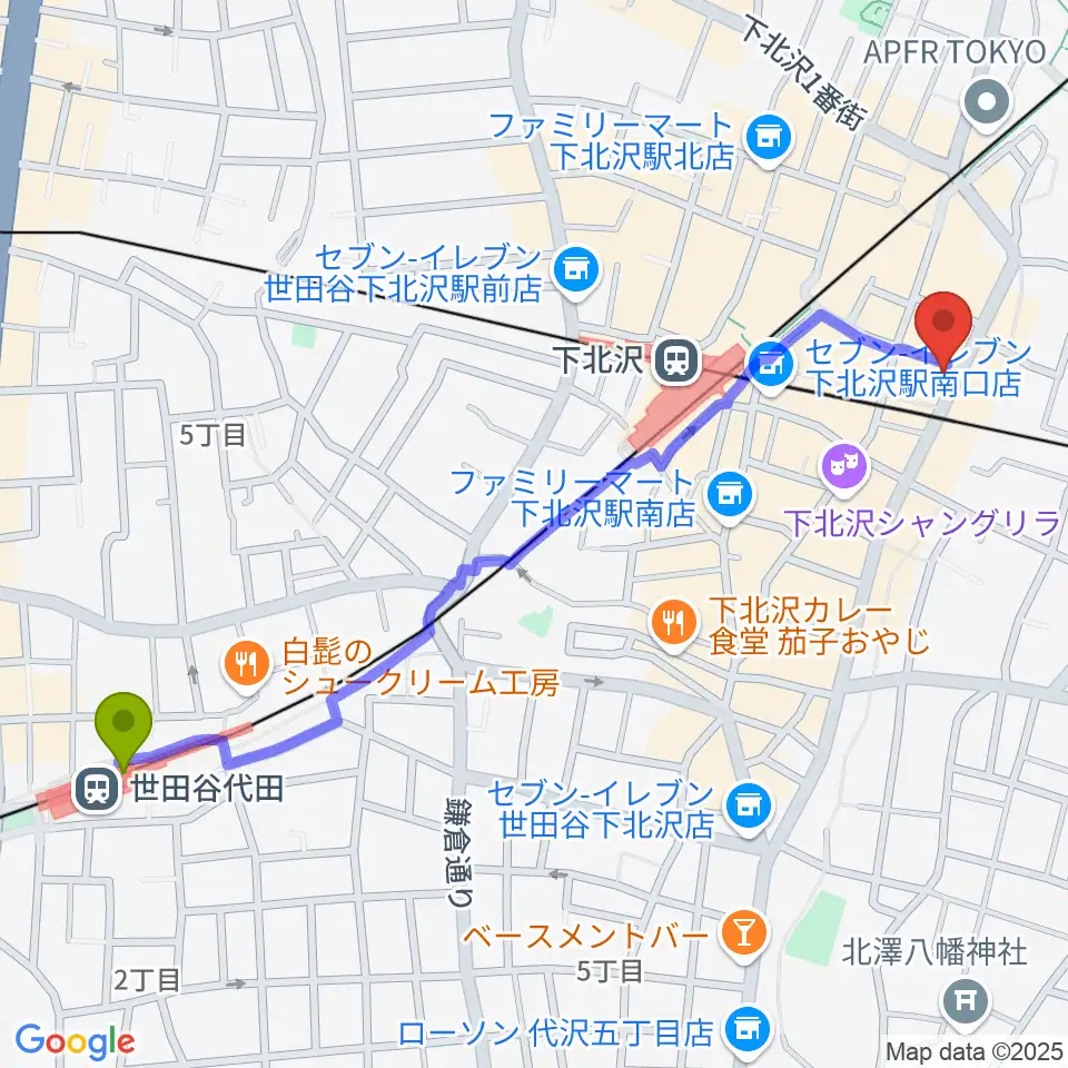 世田谷代田駅から下北沢シェルターへのルートマップ地図