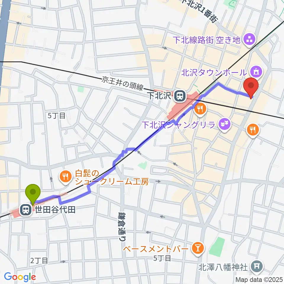 世田谷代田駅から下北沢シェルターへのルートマップ地図