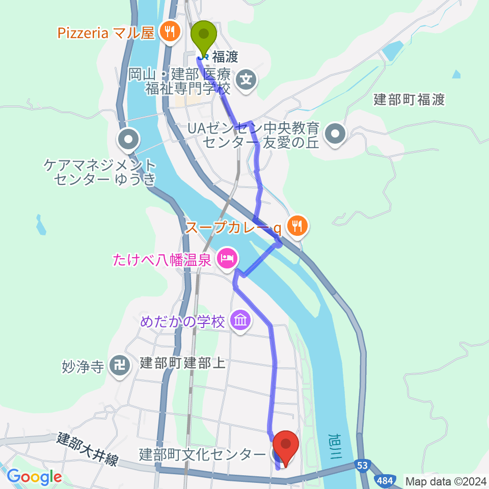 建部町文化センターの最寄駅福渡駅からの徒歩ルート（約27分）地図