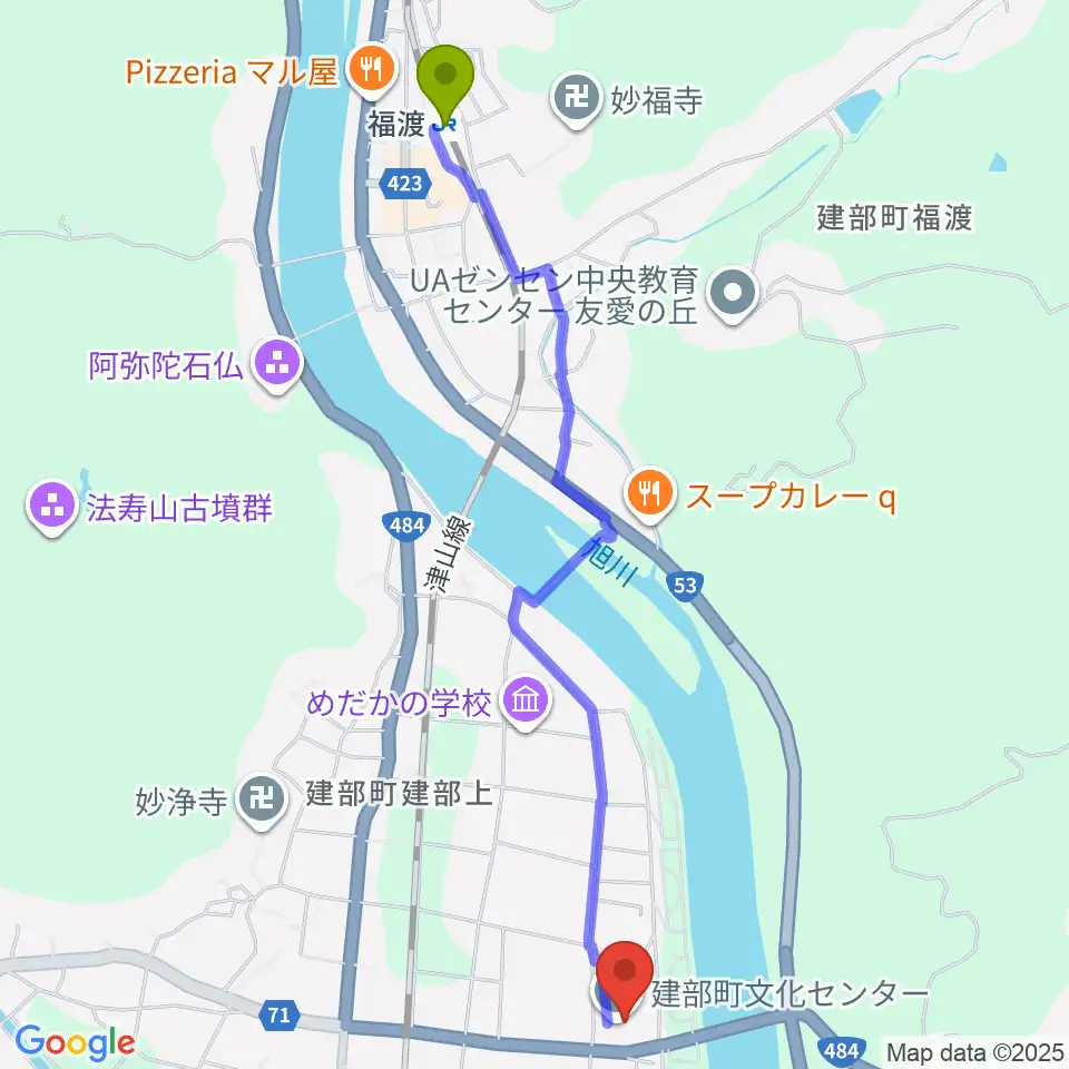 建部町文化センターの最寄駅福渡駅からの徒歩ルート（約27分）地図