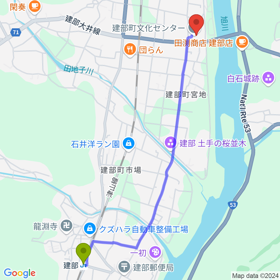 建部駅から建部町文化センターへのルートマップ地図