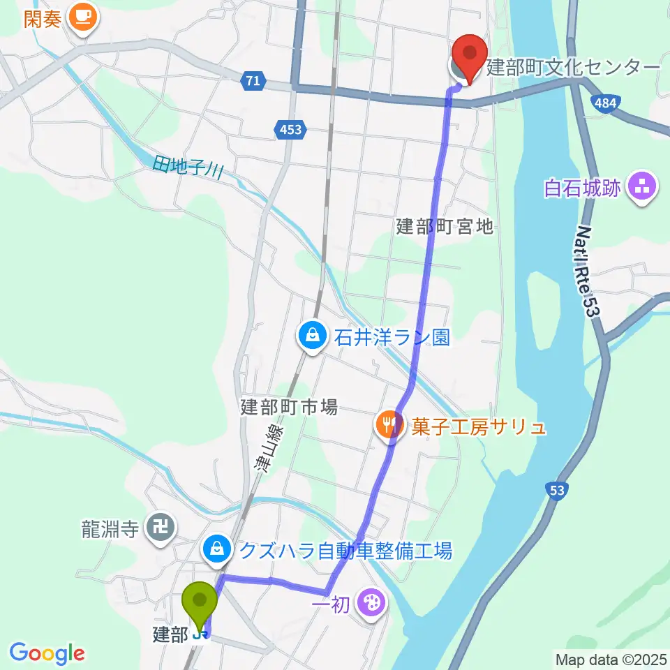 建部駅から建部町文化センターへのルートマップ地図