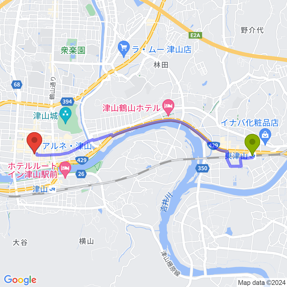 東津山駅からベルフォーレ津山へのルートマップ地図