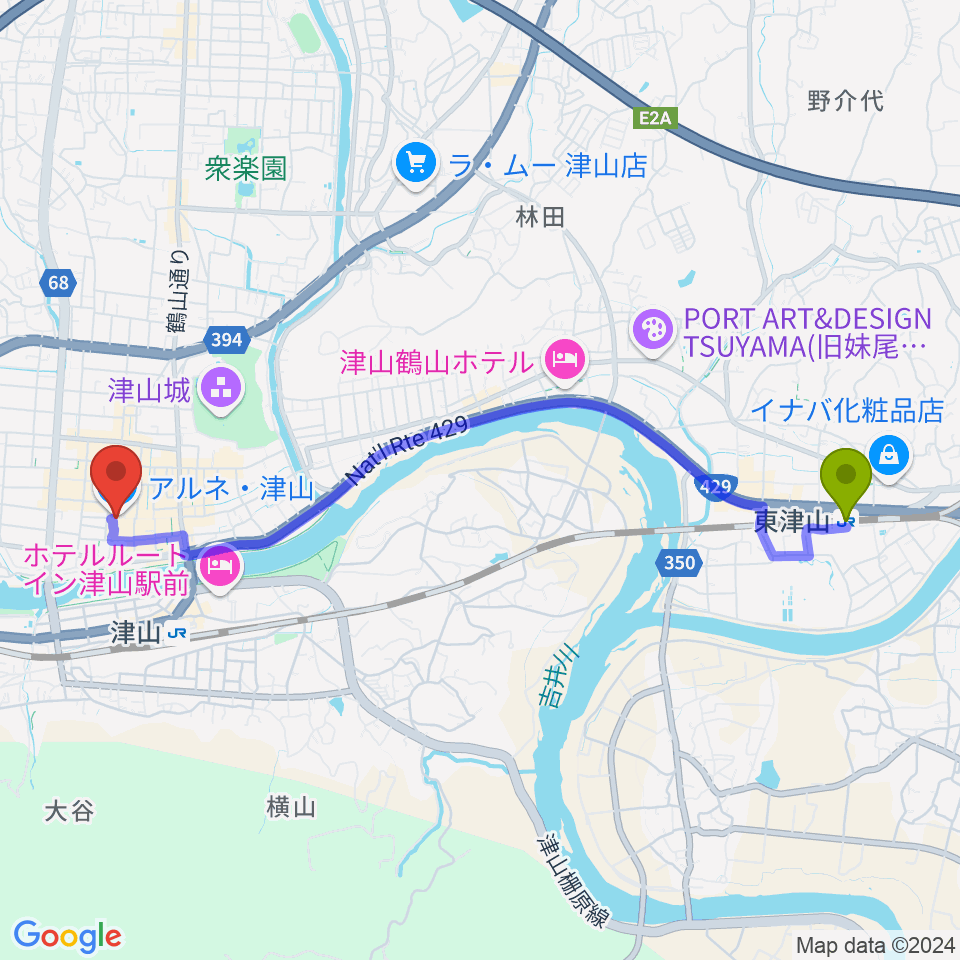 東津山駅からベルフォーレ津山へのルートマップ地図