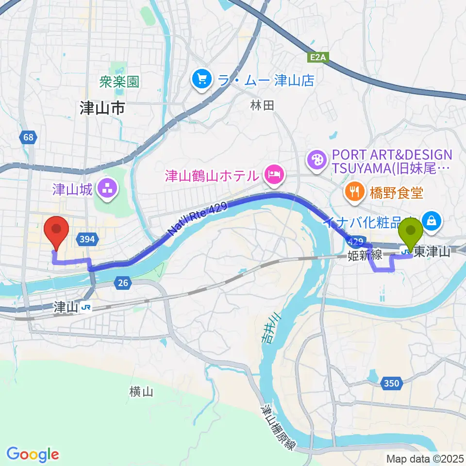 東津山駅からベルフォーレ津山へのルートマップ地図