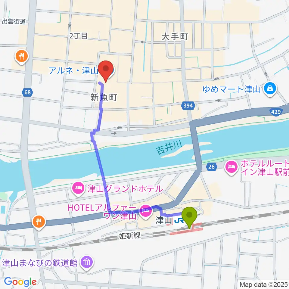 ベルフォーレ津山の最寄駅津山駅からの徒歩ルート（約9分）地図