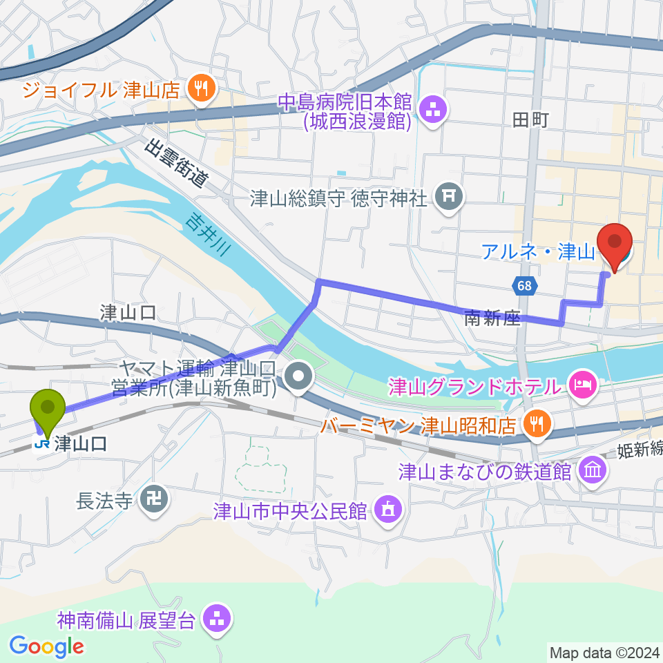 津山口駅からベルフォーレ津山へのルートマップ地図