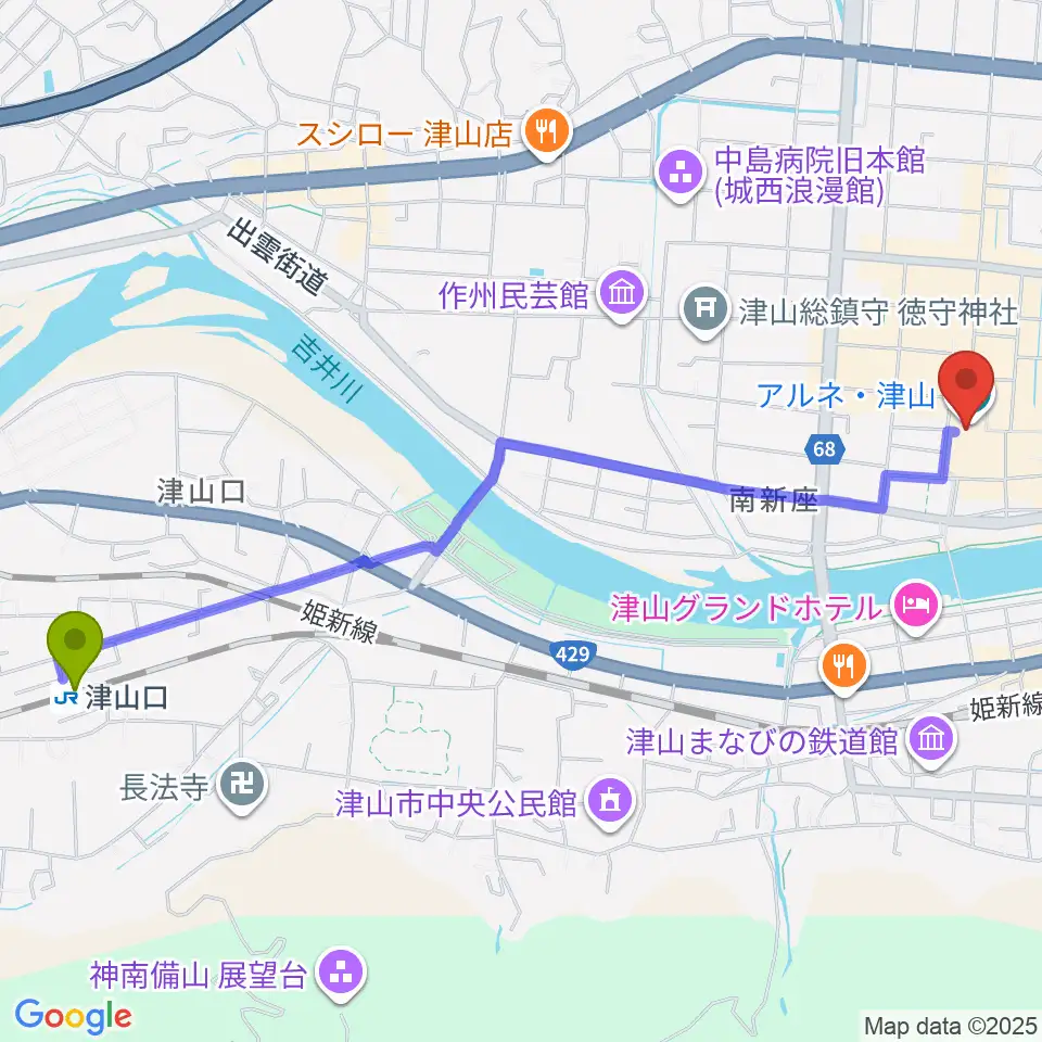 津山口駅からベルフォーレ津山へのルートマップ地図