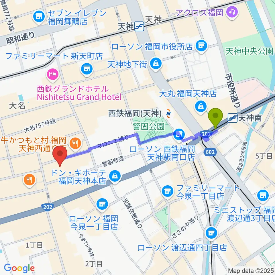 天神南駅からチクロマーケットへのルートマップ地図