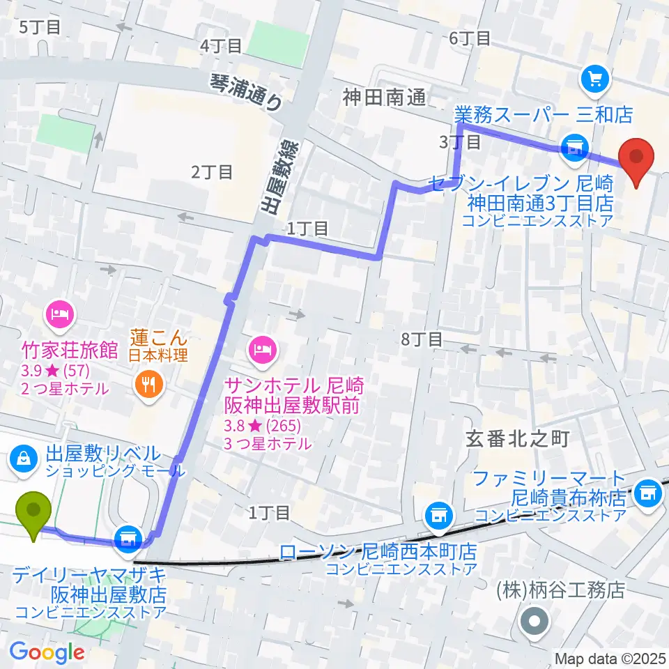 尼崎toraの最寄駅出屋敷駅からの徒歩ルート（約8分）地図