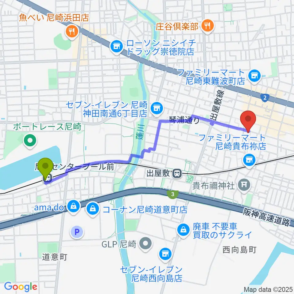 尼崎センタープール前駅から尼崎toraへのルートマップ地図