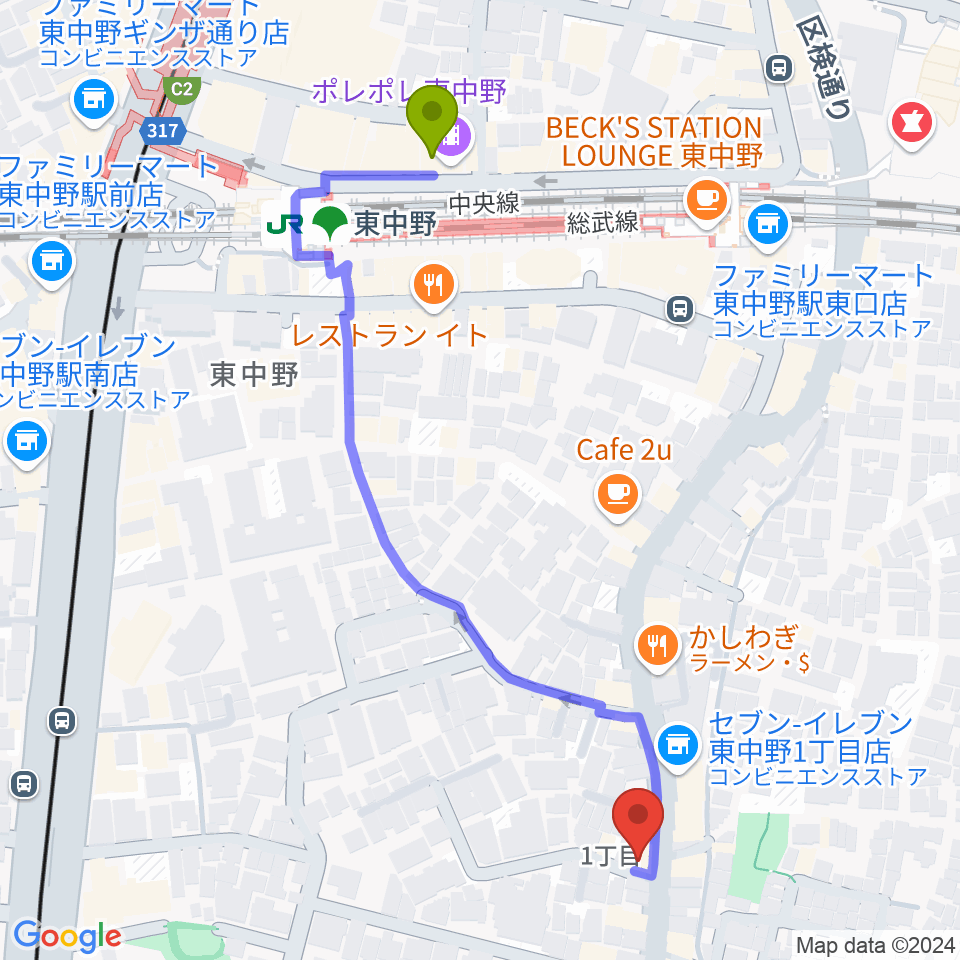 東中野オルト・スピーカーの最寄駅東中野駅からの徒歩ルート（約6分）地図