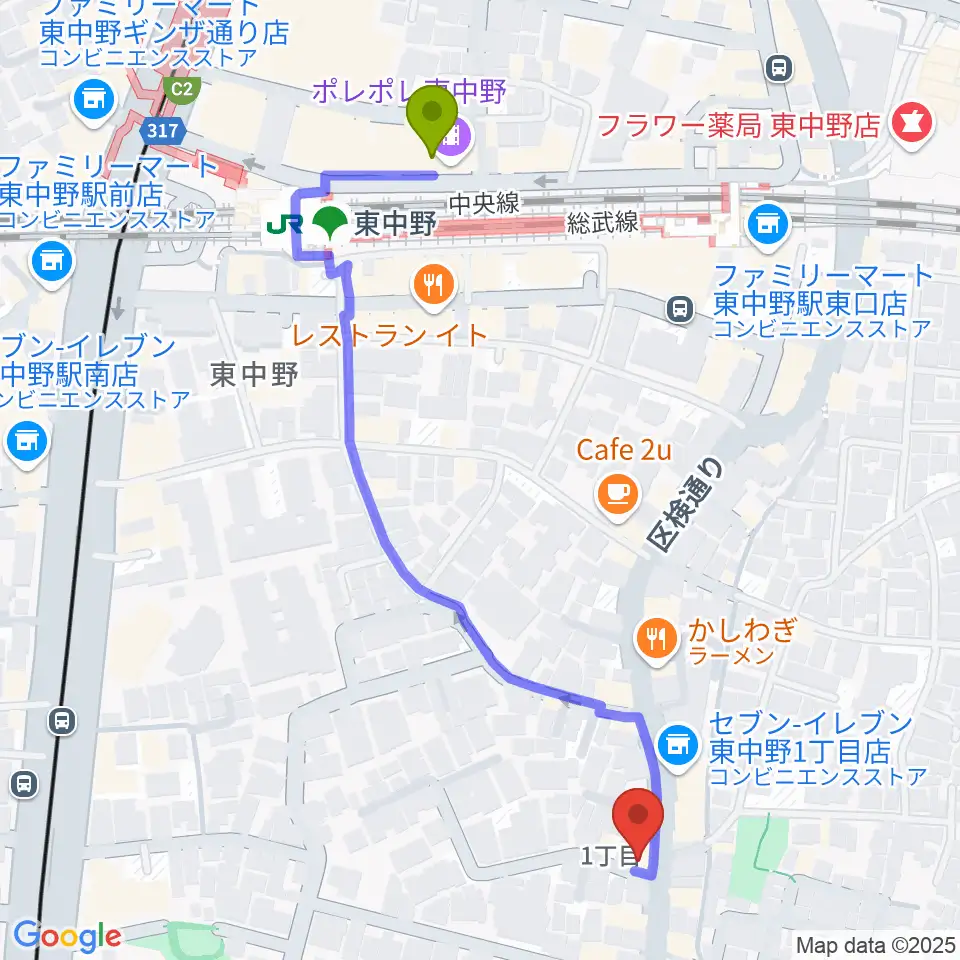 東中野オルト・スピーカーの最寄駅東中野駅からの徒歩ルート（約6分）地図