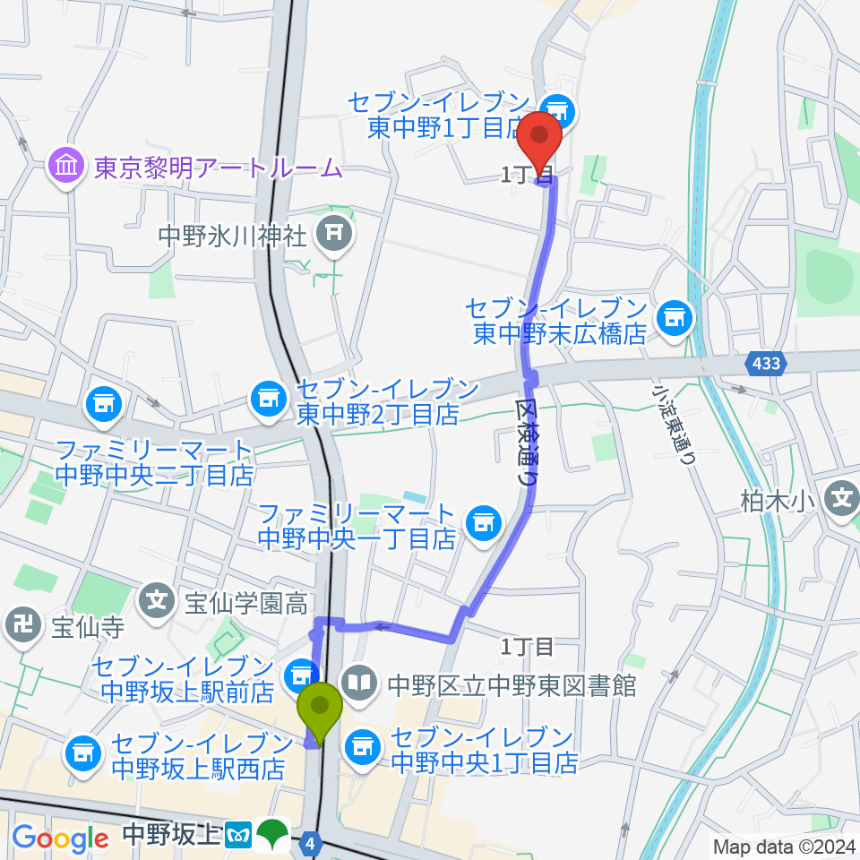 中野坂上駅から東中野オルト・スピーカーへのルートマップ地図