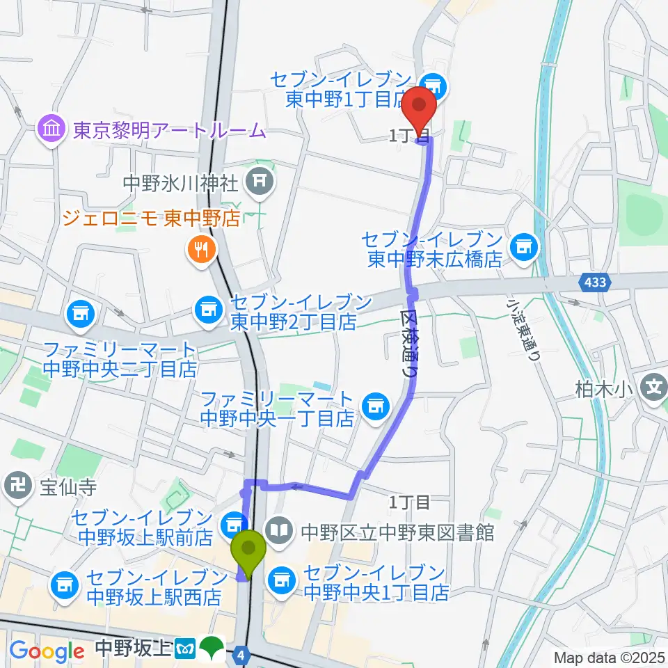 中野坂上駅から東中野オルト・スピーカーへのルートマップ地図