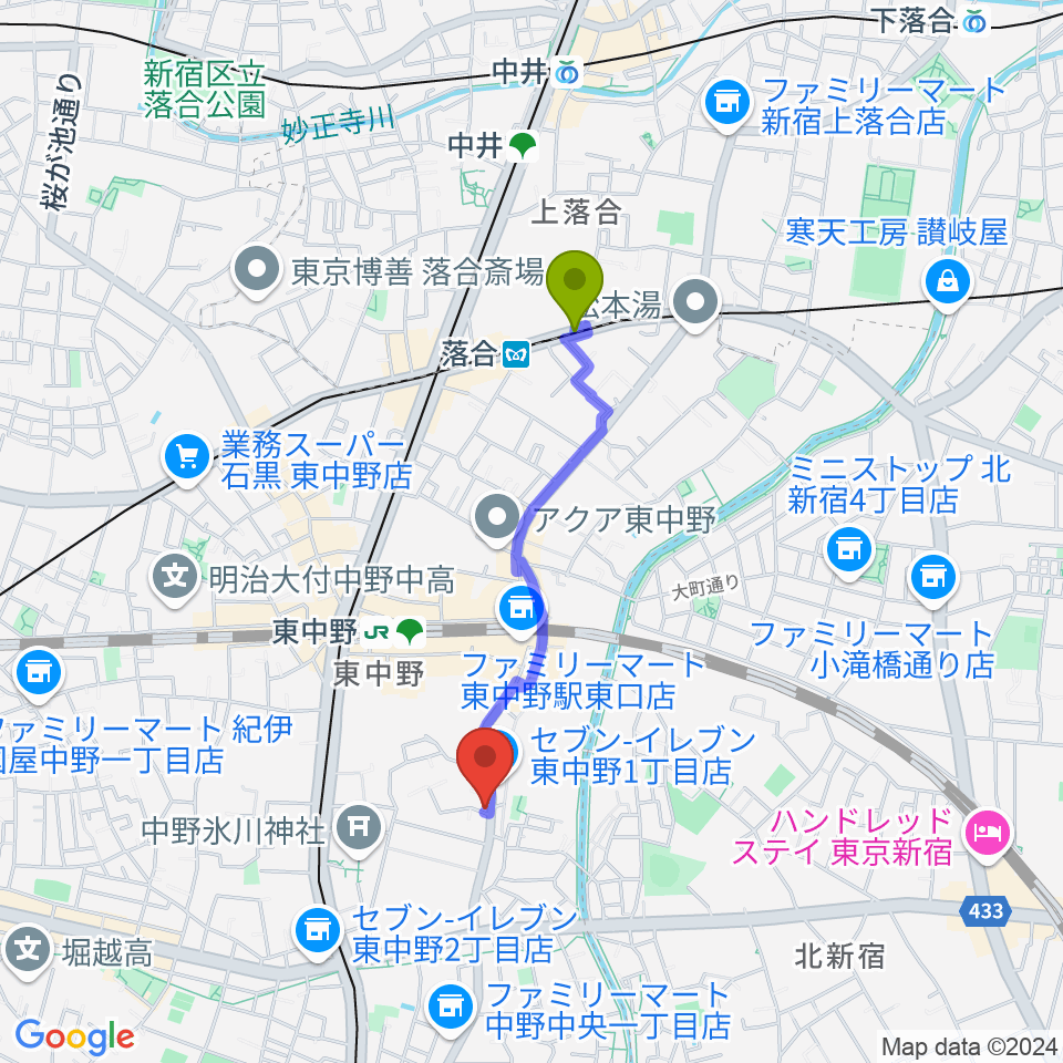 落合駅から東中野オルト・スピーカーへのルートマップ地図