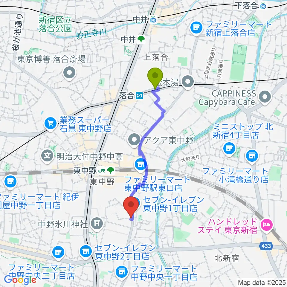落合駅から東中野オルト・スピーカーへのルートマップ地図