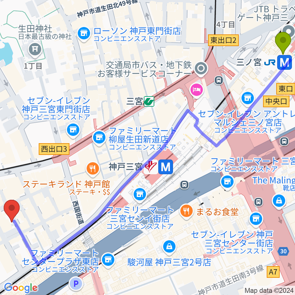 三ノ宮駅からUnderground Galleryへのルートマップ地図