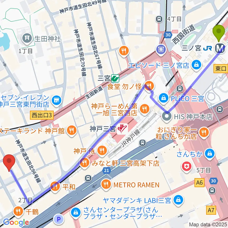 三ノ宮駅からUnderground Galleryへのルートマップ地図