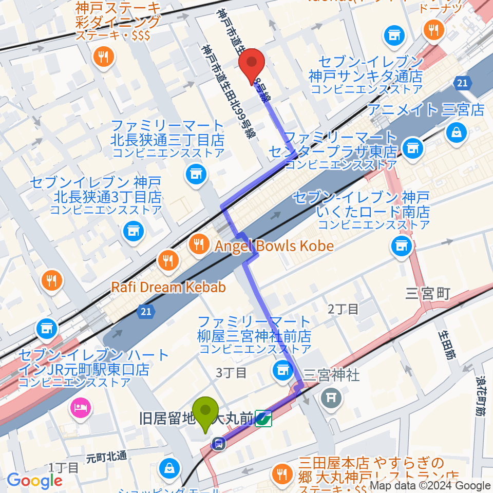 Underground Galleryの最寄駅旧居留地・大丸前駅からの徒歩ルート（約6分）地図