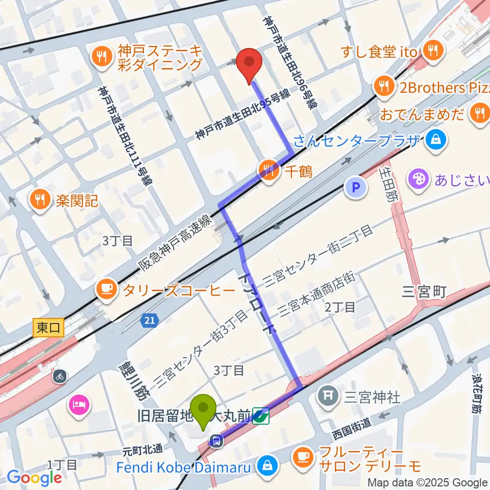 Underground Galleryの最寄駅旧居留地・大丸前駅からの徒歩ルート（約6分）地図