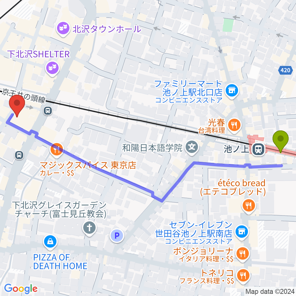 池ノ上駅から下北沢CLUB Queへのルートマップ地図