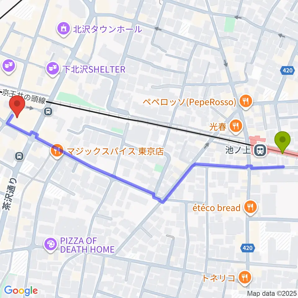 池ノ上駅から下北沢CLUB Queへのルートマップ地図
