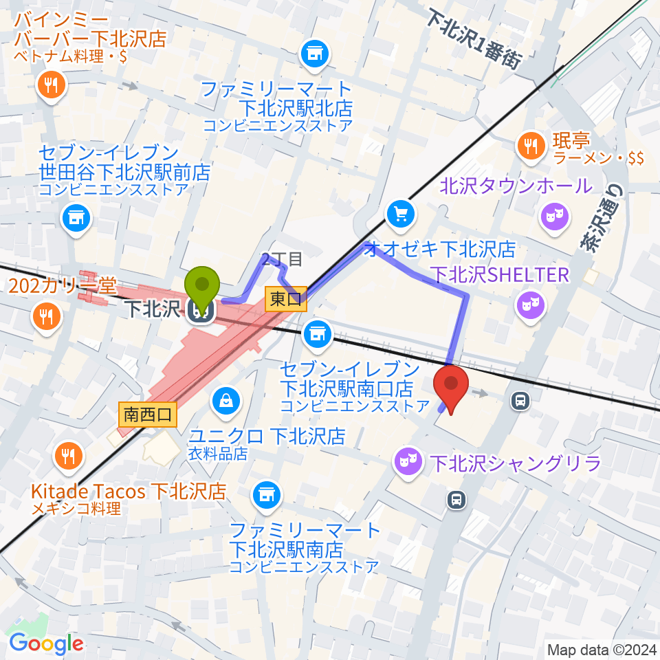 下北沢CLUB Queの最寄駅下北沢駅からの徒歩ルート（約3分）地図