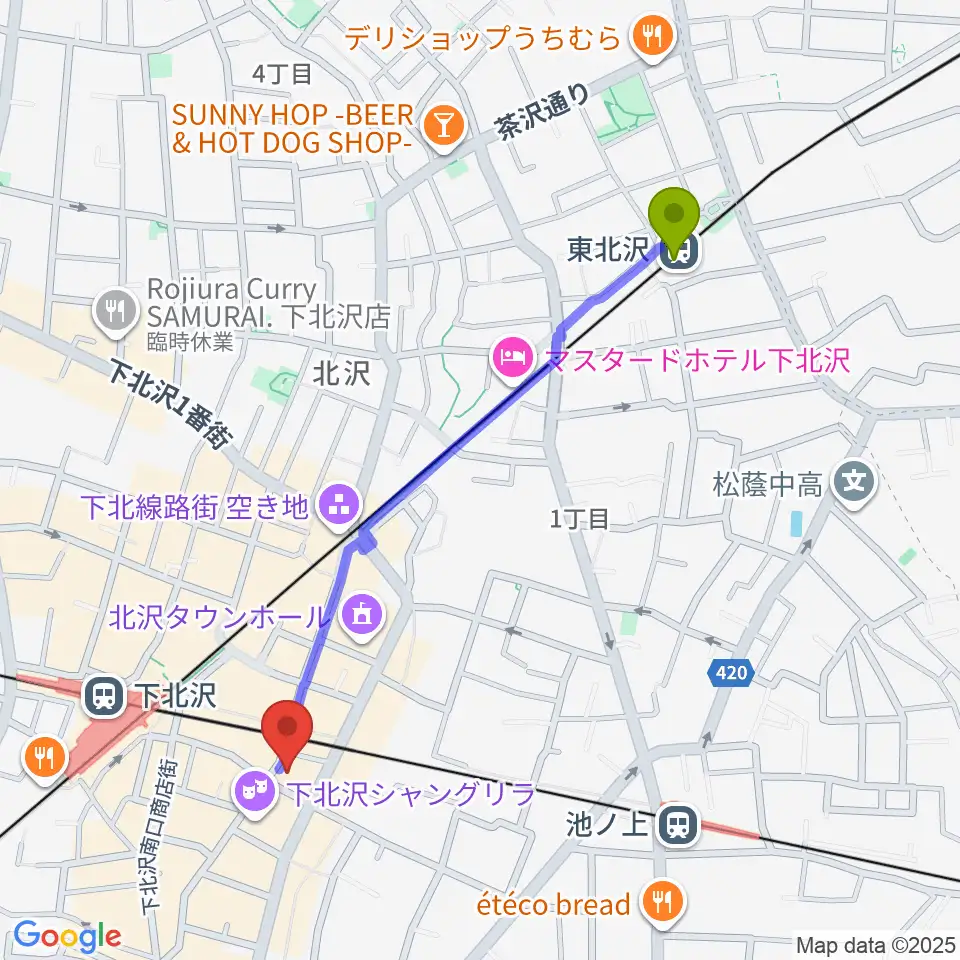 東北沢駅から下北沢CLUB Queへのルートマップ地図