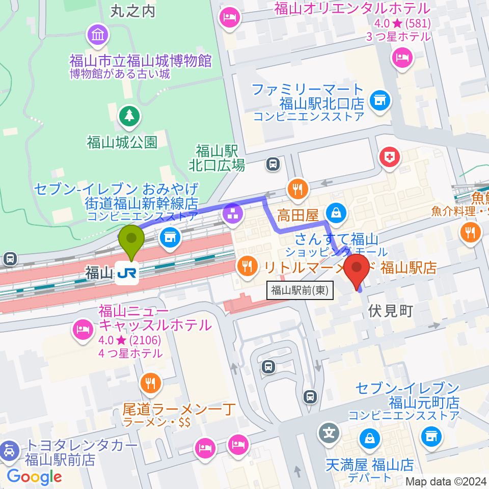 福山DUOの最寄駅福山駅からの徒歩ルート（約4分）地図