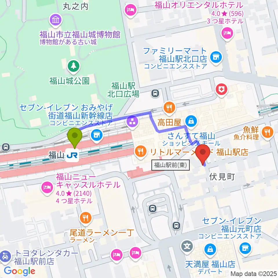 福山DUOの最寄駅福山駅からの徒歩ルート（約4分）地図
