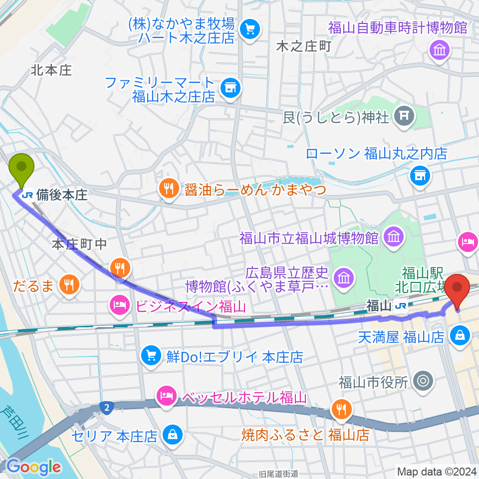 備後本庄駅から福山DUOへのルートマップ地図