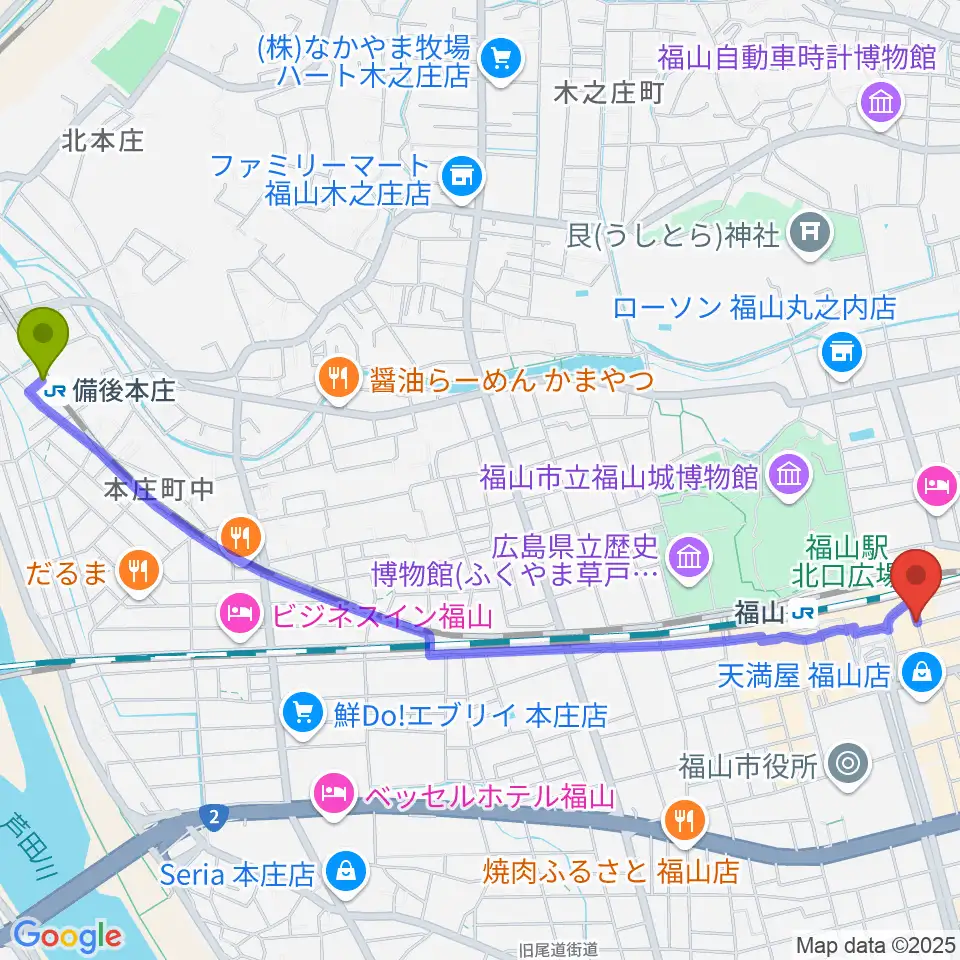 備後本庄駅から福山DUOへのルートマップ地図