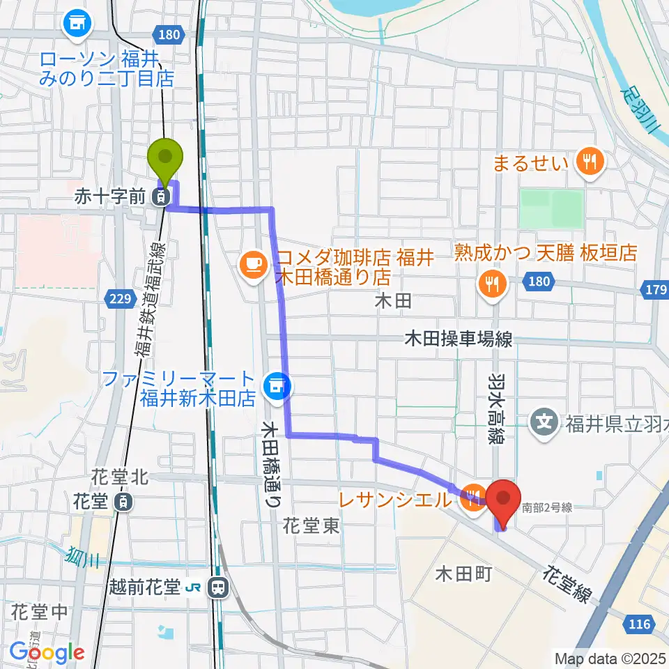 赤十字前駅からフラミンゴレコーズへのルートマップ地図
