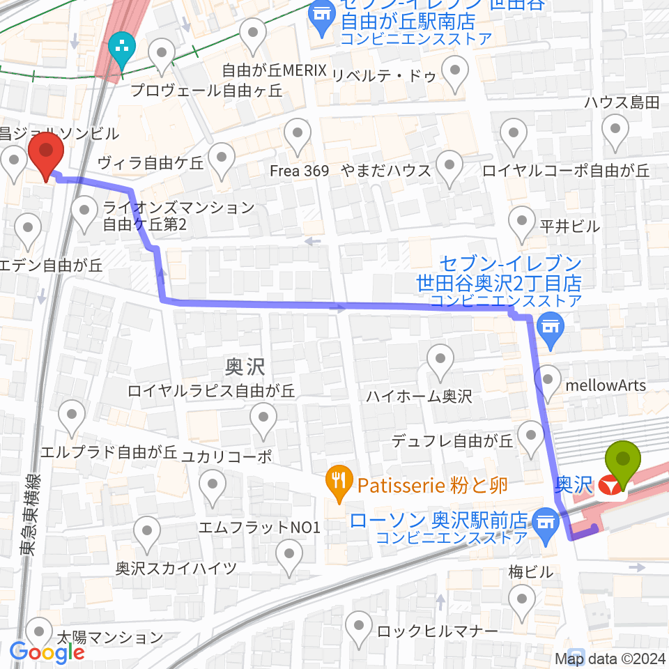 奥沢駅から自由が丘マルディグラへのルートマップ地図